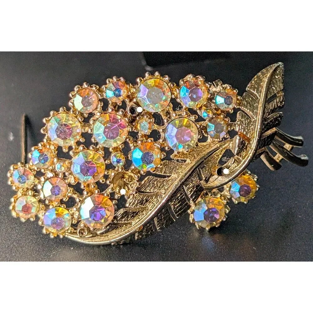 Vintage AB Rhinestone Leaf Brooch Gold Tone Signed C Missing Stones